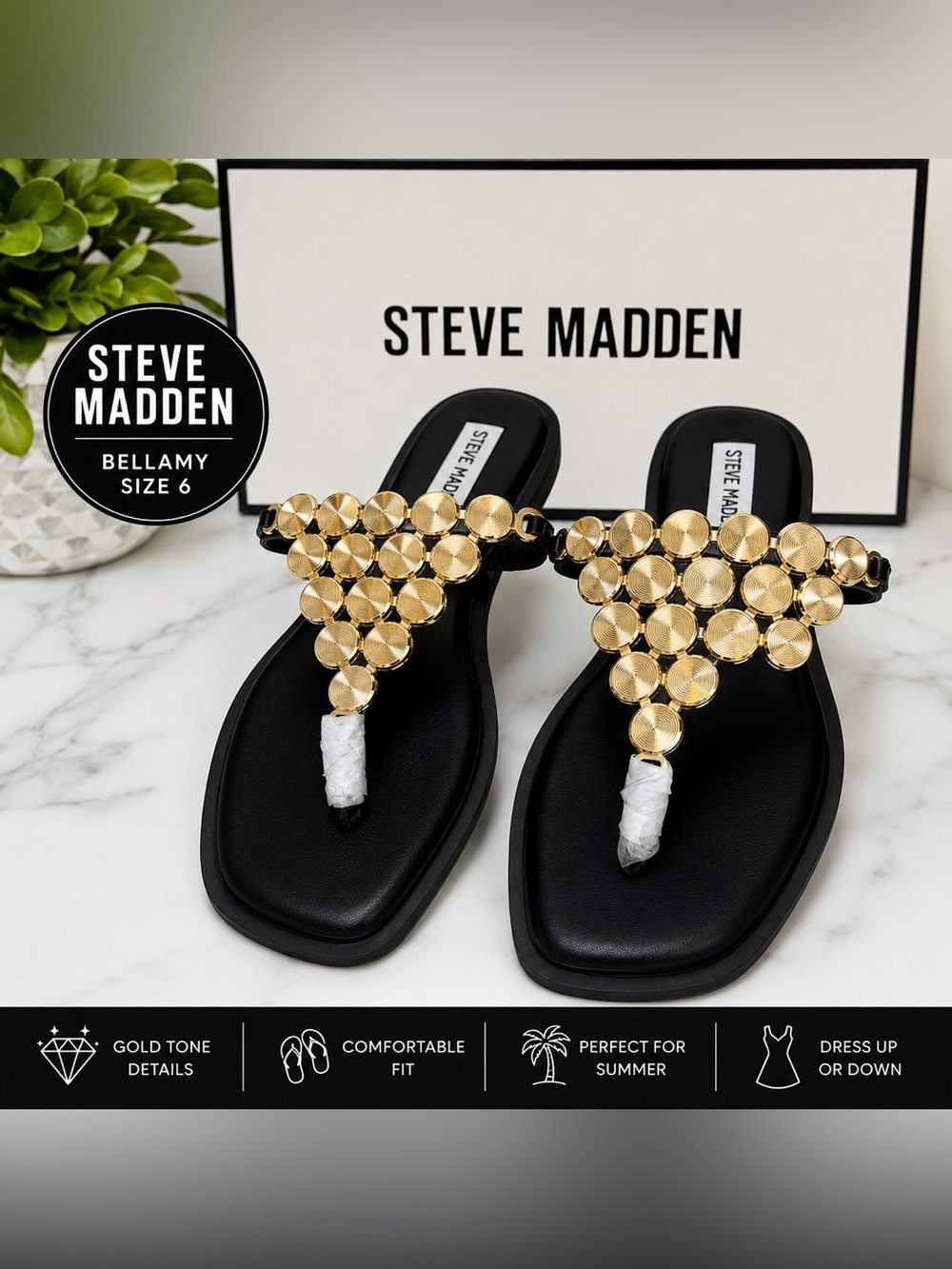 Steve Madden Bellamy Black Gold Embellished Thong Sandals Size 6 contemporary